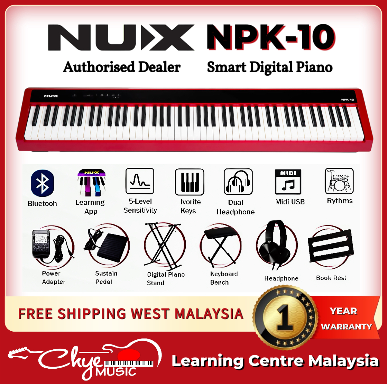 NUX NPK-10 Portable Digital Piano With X Stand (Red)