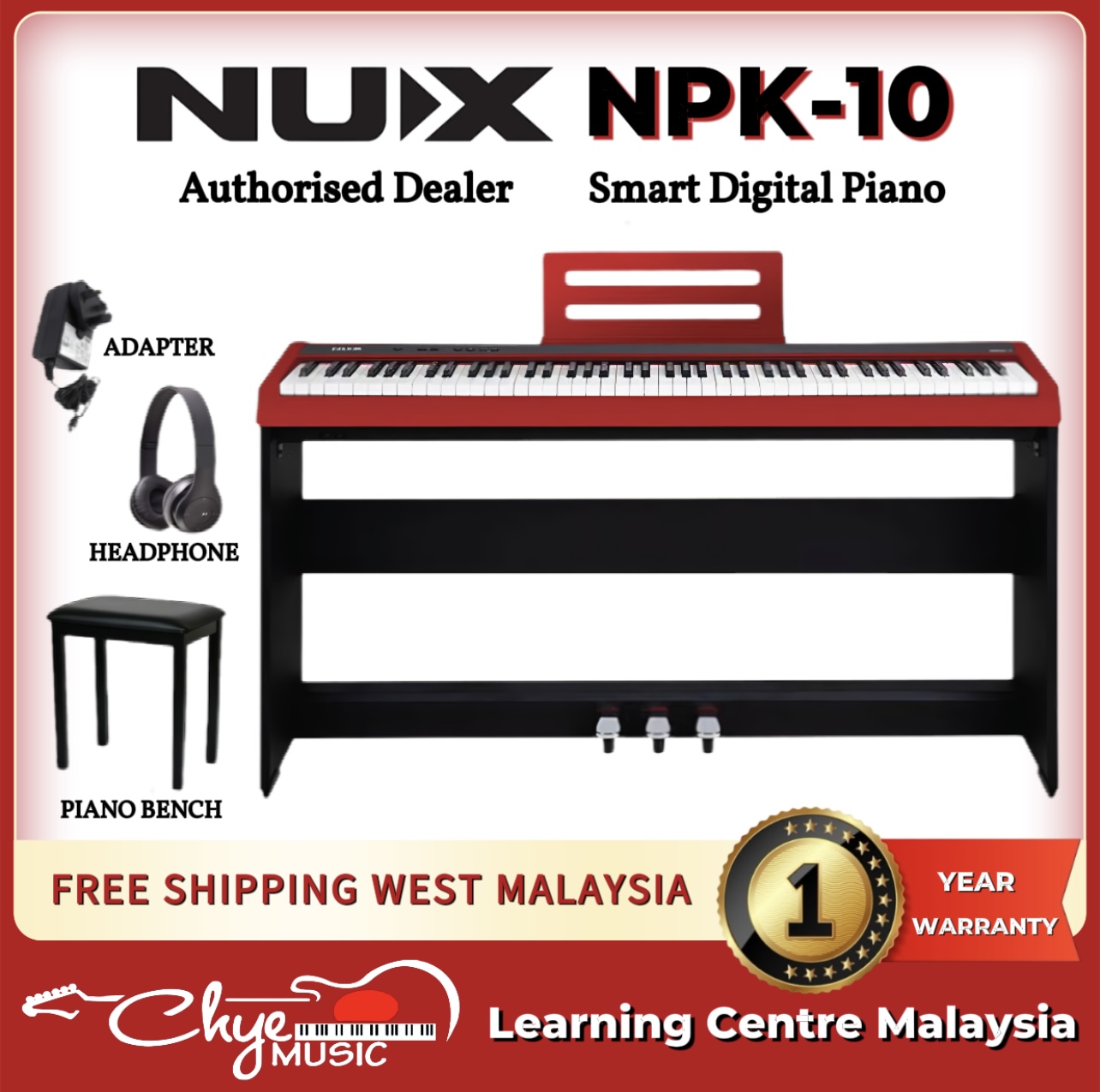 NUX NPK-10 Portable Digital Piano With Wooden Stand (Red)
