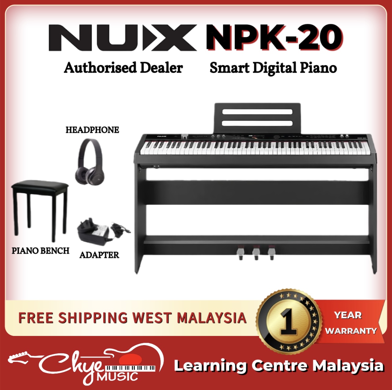 NUX NPK-20 Portable Digital Piano With Wooden Stand (Black)