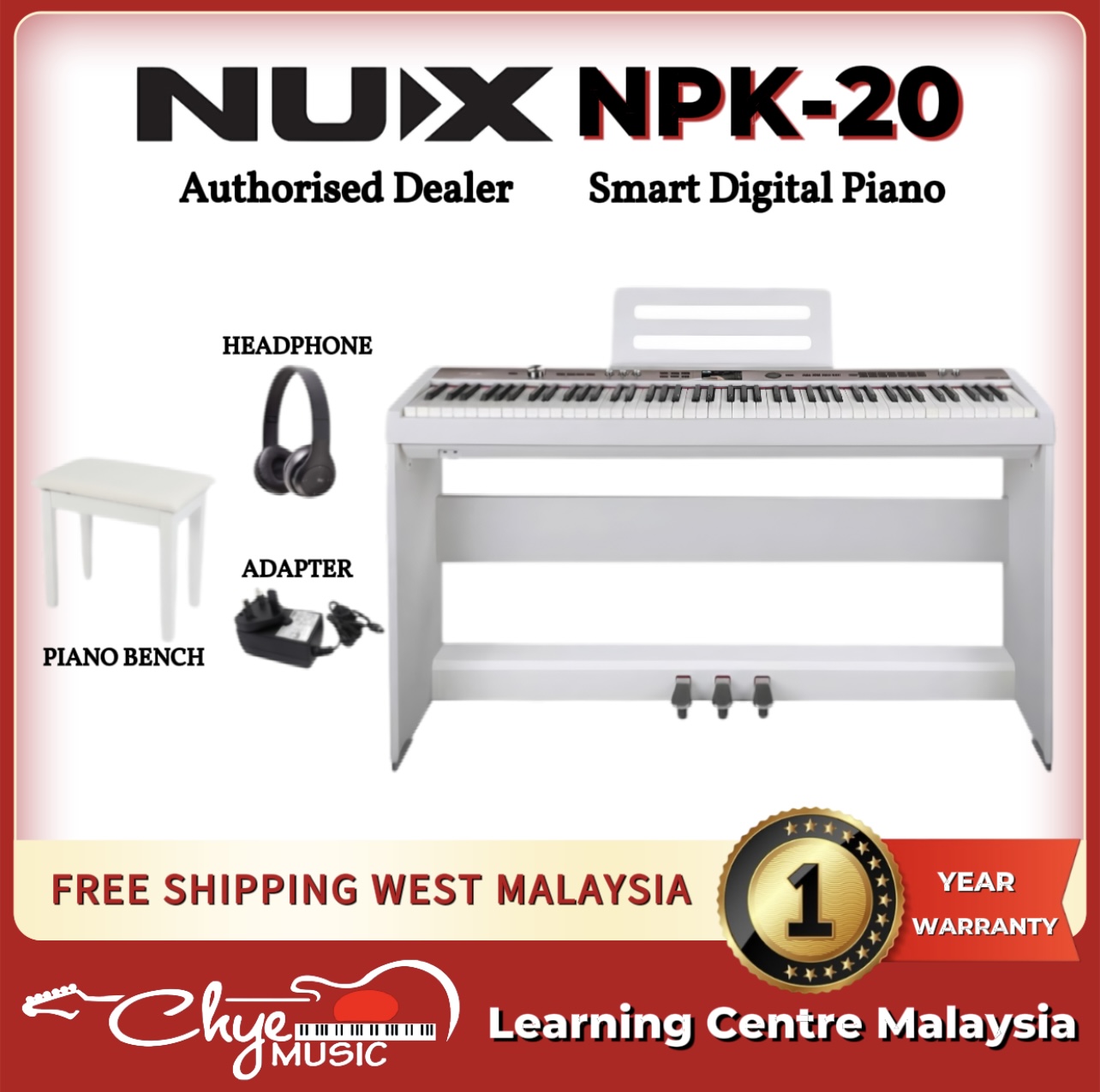 NUX NPK-20 Portable Digital Piano With Wooden Stand (White)